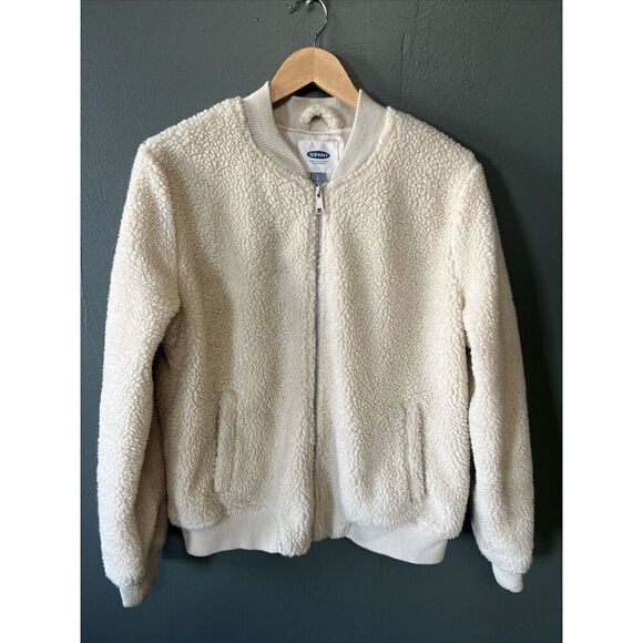 Old Navy Jackets & Blazers - Old Navy Beige Sherpa Fleece Bomber Jacket Cozy Zip-Up Outerwear Large